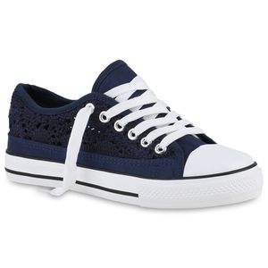 VAN HILL Damen Sneaker Low Schnürer Strick Schnür-Schuhe 840230, Farbe: Dunkelblau, Größe: 38