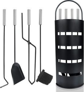 YUENFONG Kaminbesteck Edelstahl 5-teilig Modern Kamin Zubehör Set Kamingarnitur inkl. Besen, Schaufel, Schürhaken, Zange und Ständer mit Sichtschutz, Schwarz