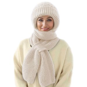 Winter Integrierter Gehörschutz Winddichte Mütze Schal - Damen 2-in-1 Wintermütze mit Kapuzenschal, Verdickt und Warm - Stilvolles Strickmützen-Set, Beige