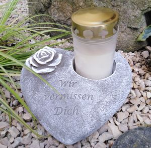 Grabherz Rose - Wir vermissen Dich - Grabschmuck Gedenkstein Trauerherz für  Grablicht Rose in weiß