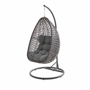 Hängesessel - Uovo aus braunem Kunststoffrattan und dickem grauem Kissen, eiförmiger Retro-Sitz, Hängematte