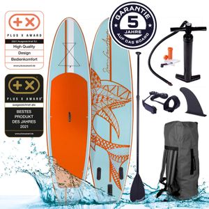 BRAST SUP Board Shark Aufblasbares Stand up Paddle Set 300cm Hellblau Orange incl. Zubehör Fußschlaufe Paddel Pumpe Rucksack