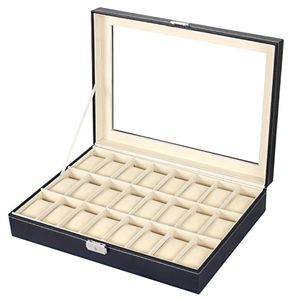 Sinoba Uhrenkoffer Uhrenbox Schaukasten Uhrenkasten Uhrenvitrine Leder-Look Echtglas-Fenster für 24 Uhren
