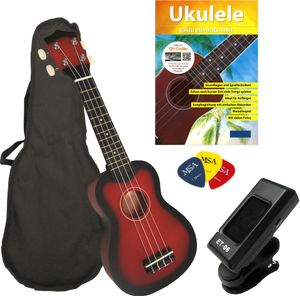 Sopran Ukulele rot matt - Ukulelen Set mit Schule Stimmgerät und Tasche - redburst Sopran Ukulele rot matt - Ukulelen Set mit Schule Stimmgerät und Tasche - redburst