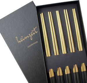 heimzeit Essstäbchen/Chopsticks schwarz-gold - 5 Paar - Edelstahl - spülmaschinengeeignet