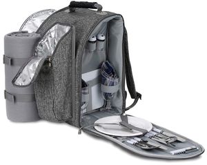 Piknikový batoh BRUBAKER pro 2 osoby - s držákem na láhev a dekou - šedá melanž 28 × 22 × 40 cm