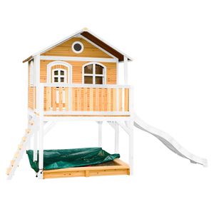 AXI Spielhaus Marc mit Sandkasten & weißer Rutsche | Stelzenhaus in Braun & Weiß aus  Holz für Kinder | Spielturm mit Wellenrutsche für den Garten