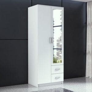 2-türig Kleiderschrank mit Schubladen Roma 80 cm Schrank mit Drehtüren Garderobeschrank mit Spiegel, Farbe: Weiß