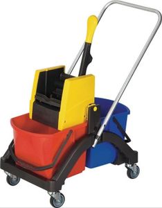Súprava čistiaceho vozíka vedro 2 x 17 l a lis/rukoväť/držiak/5 mopov Ku.