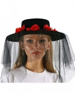 Schwarzer Witwen Hut mit Schleier und Rosen als Kostümzubehör