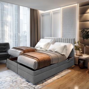 TRADA Adele Boxspringbett 180x200 Elektrisch verstellbar Taschenfederkern Doppelmatratze 9 Zonen Topper Bett mit Bettkasten Velour Stoff Grau