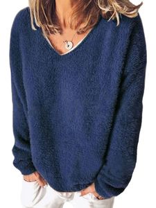 Pullover Damen Sweatshirt Winter Pulli Warmes Langarm V-Ausschnitt Sweater Oberteile Navy blau,Größe:L