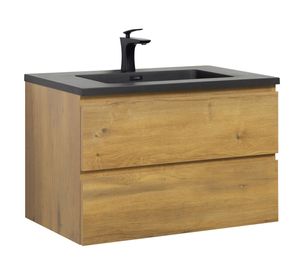 Badezimmer Badmöbel Set Angela 80 cm - Schwarzes Waschbecken - Eiche - Unterschrank Schrank Waschbecken Waschtisch