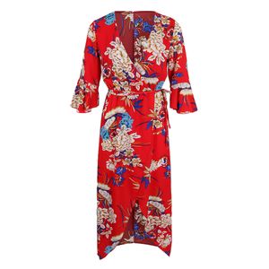 Damen Kleider V Ausschnitt Maxikleid Mit Split 3/4 Arm Blumendruck Farbe Rote XL