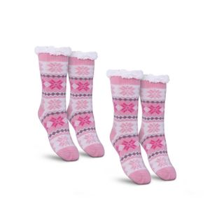 Stoppersocken (Pink / 2 Paar) Damen mit Teddyfutter Haussocken - Hüttensocken mit Anti-Rutsch-Sohle - ABS Norweger Socken Zopfmuster - Kuschelsocken Einheitsgröße