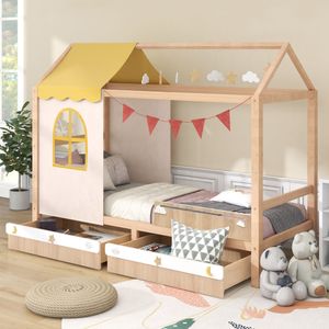 Flieks Kinderbett Hausbett 90x200cm, Massivholz Einzelbett mit Schubladen und Lattenrost, Bett für Kinder Bettgestell