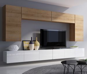 Moderne Wohnwand CALABRINI-13 Wohnzimmer-Set Hängewohnwand Schrankwand Hochglanz TV-Schrank Anbauwand (Goldene Eiche / Weiß)