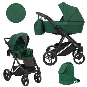 Kinderwagen LAZZIO PREMIUM Sportwagen Babywagen Babyschale Komplettset Kinder Wagen Set 2 in 1 (grün, Rahmenfarbe: Silber)