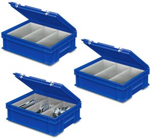 3 Besteckkoffer / Sortierbehälter, 400 x 300 x 130 mm, blau, 3 Mulden je 2 Liter