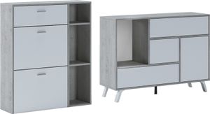 Eingangs-Set, Wohnzimmer, Beistellmöbel, Buffet- Schuhschrank, Zementgrau und Weiß