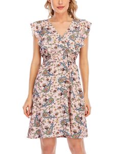 Damen Sommerkleider Boho Kleid V-Ausschnitt Kleider Strandkleid Rüschen Blumenkleid Pink Cashew Blume Blume,Größe Xl