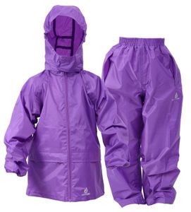 DRY KIDS Wasserdichtes Regenanzug-Set LILA Regenbekleidung für Kinder von 9 - 10 Jahren, reflektierende Regenjacke & Regenhose, verschweißte Nähte