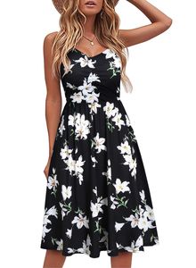 Spaghetti-Trägerkleid Damen knielanges Strandkleid schwarz floral ärmelloses Sommerkleid elegant lässig   M