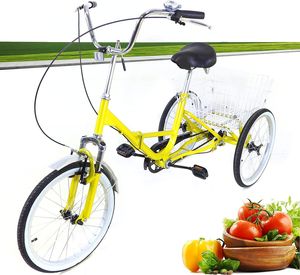 Faltbar Dreirad 20 Zoll Single Speed 3 Rad Fahrrad U-Typ Cityräder Citybike + Einkaufenskorb für Erwachsene （Hellgelb）