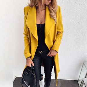 Damen Revers Kragen Wollmantel Lange Winter Trench Outwear Jacke Tops,Farbe:Gelb,Größe:Xl