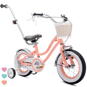Kolo pro dívku 12 palců 2-4 let kolo s tréninkovými koly tlačné zařízení zvonek košík Heart Bike meruňka