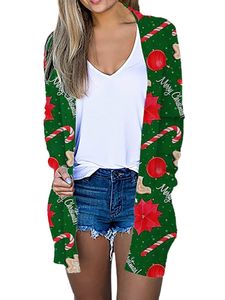 Strickjacken Damen Mit Taschen Outwear Festival Offene Vordere Jacke LOSSE SNOWMAN DRUCK Töntin Cardigans,Farbe:Abbildung 1,Größe:S
