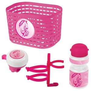 Set aus Fahrradkorb Trinkflasche und Klingel für Kinder pink mit Pferd für Laufrad, Dreirad, Fahrrad, Roller
