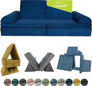 Pillows24 - Kindersofa mit Schlaffunktion | Weiches Spielsofa aus Cordstoff | Kinder Sofa mit abnehmbaren Bezügen für Spielzimmer, Blau