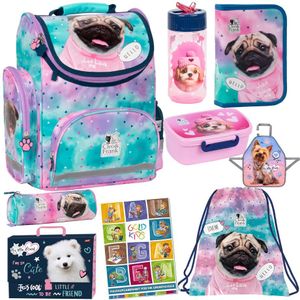 Set 9er Schulranzen Ranzen Tornister Federmappe Turnbeutel Turnsack Brotdose Trinkflasche Schürze Aktenmappe Stiftetasche Aufgabenheft für die Grundschule Hund Dog Motiv