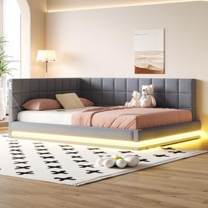 Polsterbett Schlafsofa 160*200 Multifunktionsbettmit LED Lichtleiste, USB Steckdose und Lattenrost, hautsympathischer Samtstoff Grau