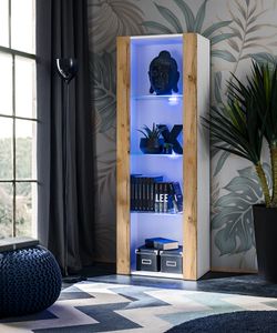 Komodee | Vitrine Schrank Tivoli mit 3 Regalböden, Korpus Weiß Matt Frontfarbe Wotan Matt, LED Blau