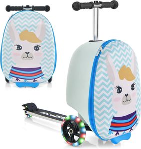 2 in 1 Kinderkoffer & Scooter Kinder ab 5 Jahre, Kindertrolley mit Blinkenden LED-Rädern, Kindergepäck 19 Zoll für Reisen (Hellblau-Alpaka)