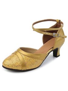 Damen Tanzschuhe Tango Lateinschuh Pailletten Sandalen Schuhe Kreuz Knöchelriemen Mid Heel Pumps Gold,Größe:EU 38