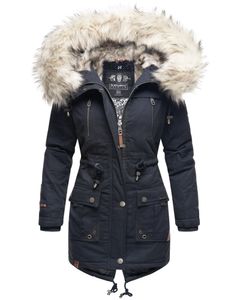 Marikoo Damen Winter Jacke Parka Damenjacke Mantel Kunstfell Kragen Honigfee Navy XL