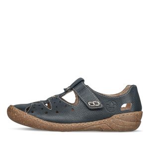 Rieker Damen Sandale Leder Cutouts T-Steg Schalensohle Klettverschluss 54555, Größe:39 EU, Farbe:Blau