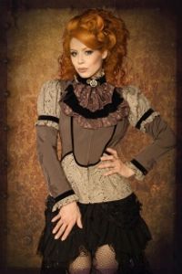 Atixo Damen Oberteil Steampunk-Bluse mit Jabot Cosplay Gothic-Bluse, langarm, Größe:L, Farbe:braun/beige