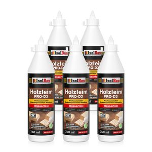 Isolbau Holzleim PRO-D3 - 5 x 750 ml (860 g) Extra starker Holzkleber für alle Holzarten, für Innen & Außen, Wasserfest, Lösemittelfrei