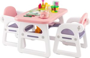 COSTWAY 3ks detská sedacia súprava, detský stôl s 2 stoličkami, stolová súprava s odkladacím priestorom na čítanie, kreslenie, písanie a remeslá, interiérový detský nábytok s policou pre deti od 1 do 5 rokov (ružová a fialová)