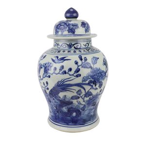 Fine Asianliving Chinesisches Deckelvase Porzellan handbemalt Vögel Blau Weiß D23xH39cm Dekorative Vase Blumenvase Orientalische Keramik Vase Dekoration Vase Moderne Tischdekoration Vase
