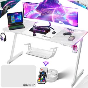 KESSER® Gaming Tisch LED | Z-Form Gamer Schreibtisch | Kopfhörerhaken & Kohlebeschichtung | Ergonomischer PC Computertisch | Stabiler Tisch mit Mauspad & Getränkehalter - 160cm x 60cm