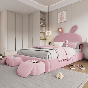 MODFU Kinderbett Polsterbett 140×200 cm mit warmfarbene LED-Licht, Jugendbett Doppelbett mit Kopfteil in Hasenohrenform und zwei Aufbewahrungshockern, Samt(Ohne Matratze), Boxspringbett Hydraulisches mit Bettkasten Stauraum, Samt Rosa