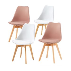 IPOTIUS Sada 4 jídelních židlí SGS s masivní bukovou nohou, skandinávský design Čalouněné kuchyňské židle Židle kuchyňské dřevo, bílá a kouřově růžová