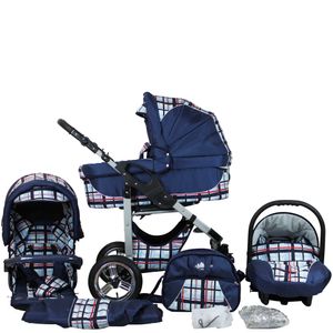Bergsteiger Capri Kinderwagen, Farbe: blue stripes / Gestell: silber, 3-in-1 Kombikinderwagen, inkl. Babyschale, Babywanne, Sportwagen und Zubehör