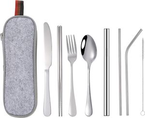 Reisebesteck Camping Besteck, 9-Teilig Edelstahl Outdoor Bestecktasche für Unterwegs,Tragbare Campingbesteck Mit Etui - Silber