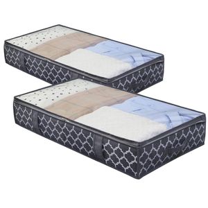 2x Unterbett Aufbewahrungsbox für kleidung decke quilt mit 4 Griffen und transparentem Deckel, Faltbare Ordnungsboxen, Umzugstasche, platzsparend